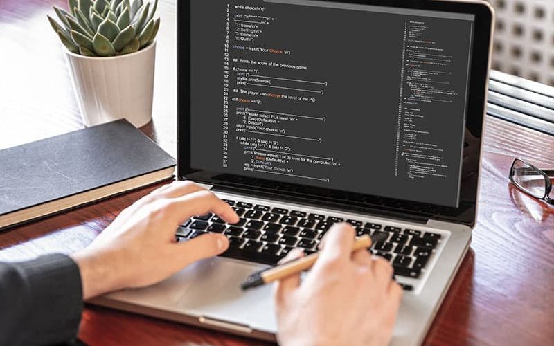 Mãos segurando uma caneta e digitando em um notebook sobre a mesa