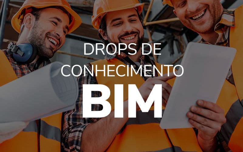 Logo Drops de Conhecimento BIM, homens engenheiros usando capacete de proteção apontando para um tablet