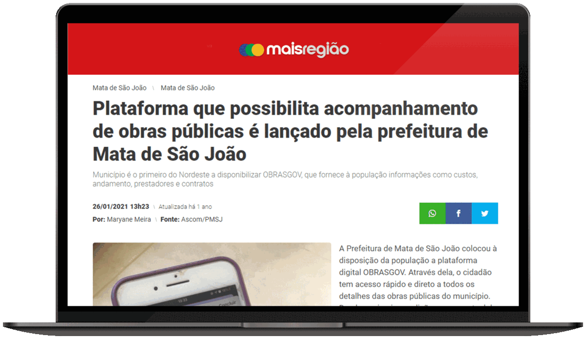 Prints de notícias sobre o uso do Mapa Interativo de Obras em Mata de São João